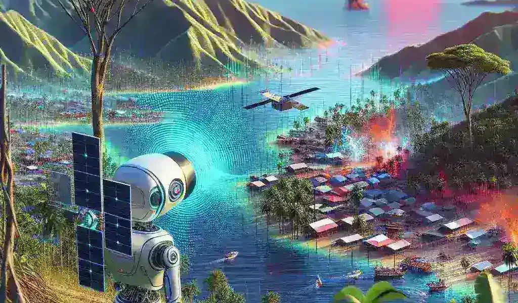 "AI teknologi digunakan untuk mendeteksi bencana alam di wilayah rawan bencana Indonesia, menunjukkan peta risiko dan metode pemantauan berbasis data."