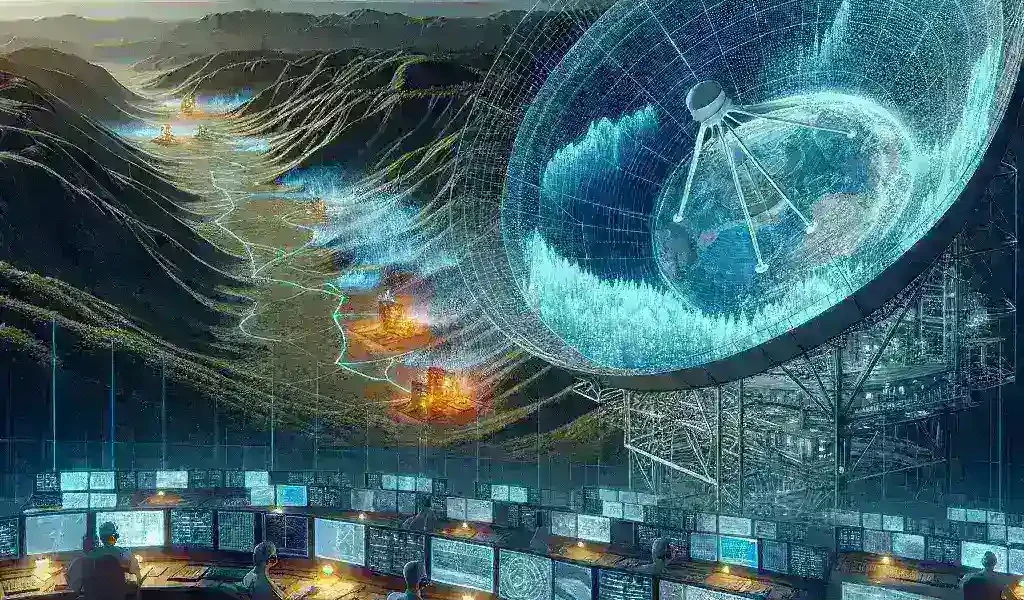 "Interferometri radar yang digunakan untuk monitoring pergerakan tanah: ilustrasi teknologi canggih dalam deteksi pergeseran tanah dan pemantauan stabilitas geologi."
