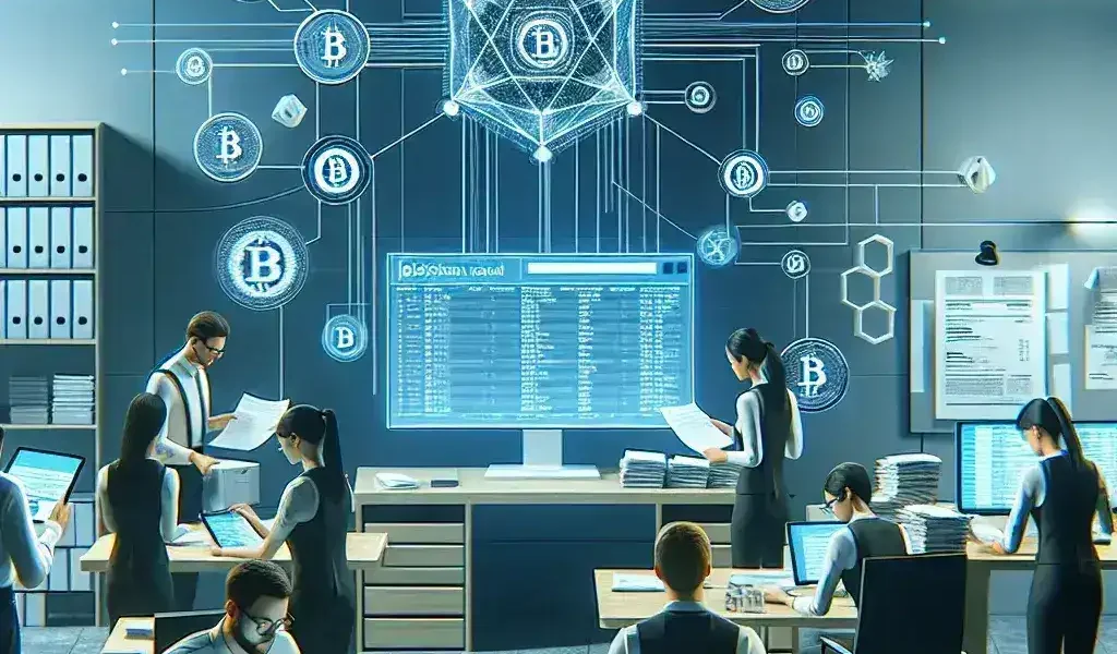 "Ilustrasi Kantor Pajak yang mengadopsi teknologi blockchain untuk mencegah fraud pengembalian pajak, dengan grafik keamanan digital dan simbol blockchain."