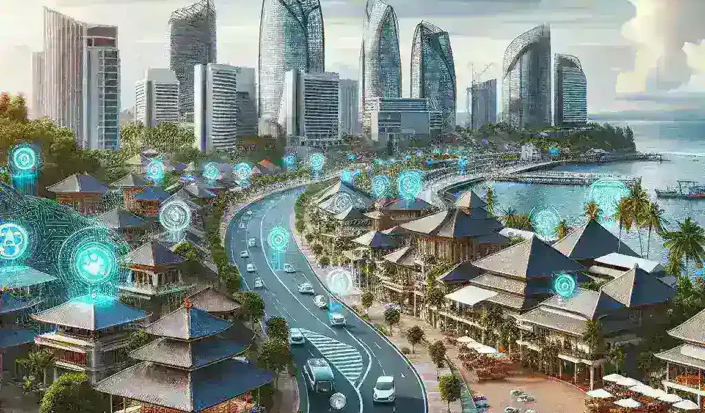 "Ilustrasi proyek kota pintar Bali yang mengintegrasikan teknologi AI untuk meningkatkan pengalaman pariwisata, menampilkan pemandangan kota yang modern dan inovatif."